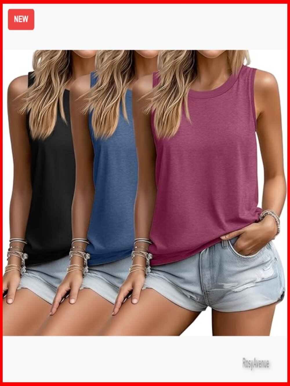3 Pack Women's Sleeveless Tank Tops, Crewneck Split Side Ribbed Trim Loose Fit